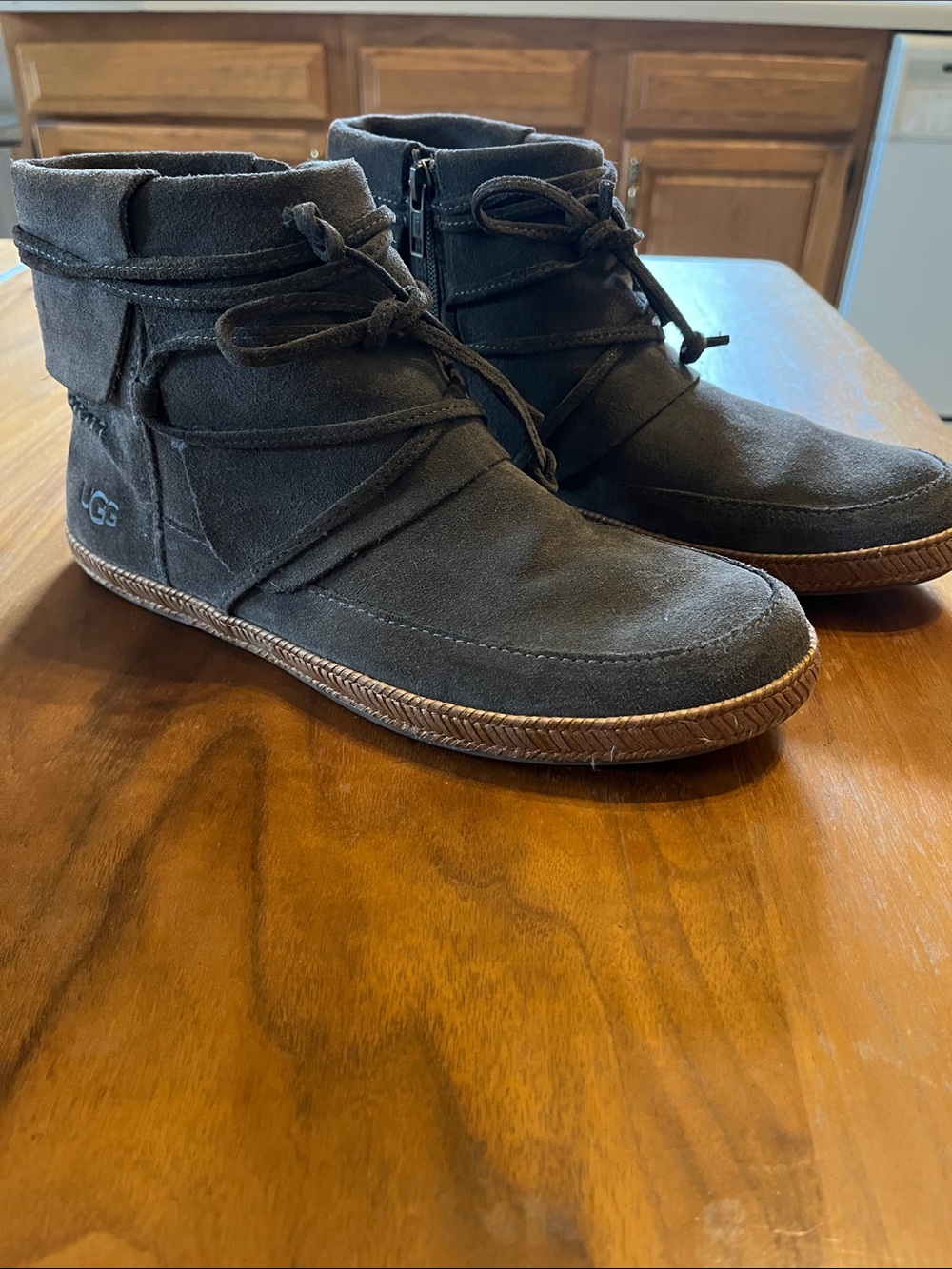 NEVER WORN UGG Women's Charcoal Suede Ankle Booties with Lace Detail